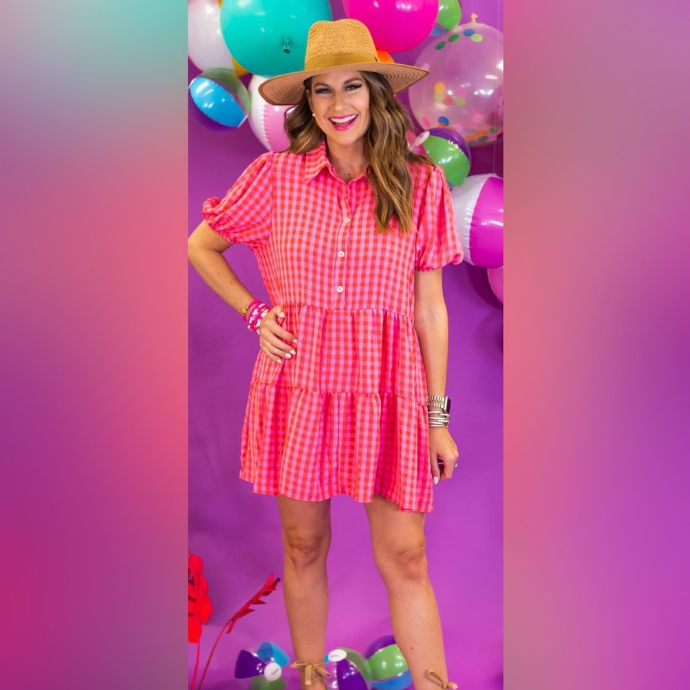 Fantastic Fawn Pink Gingham Tiered Mini Dress
